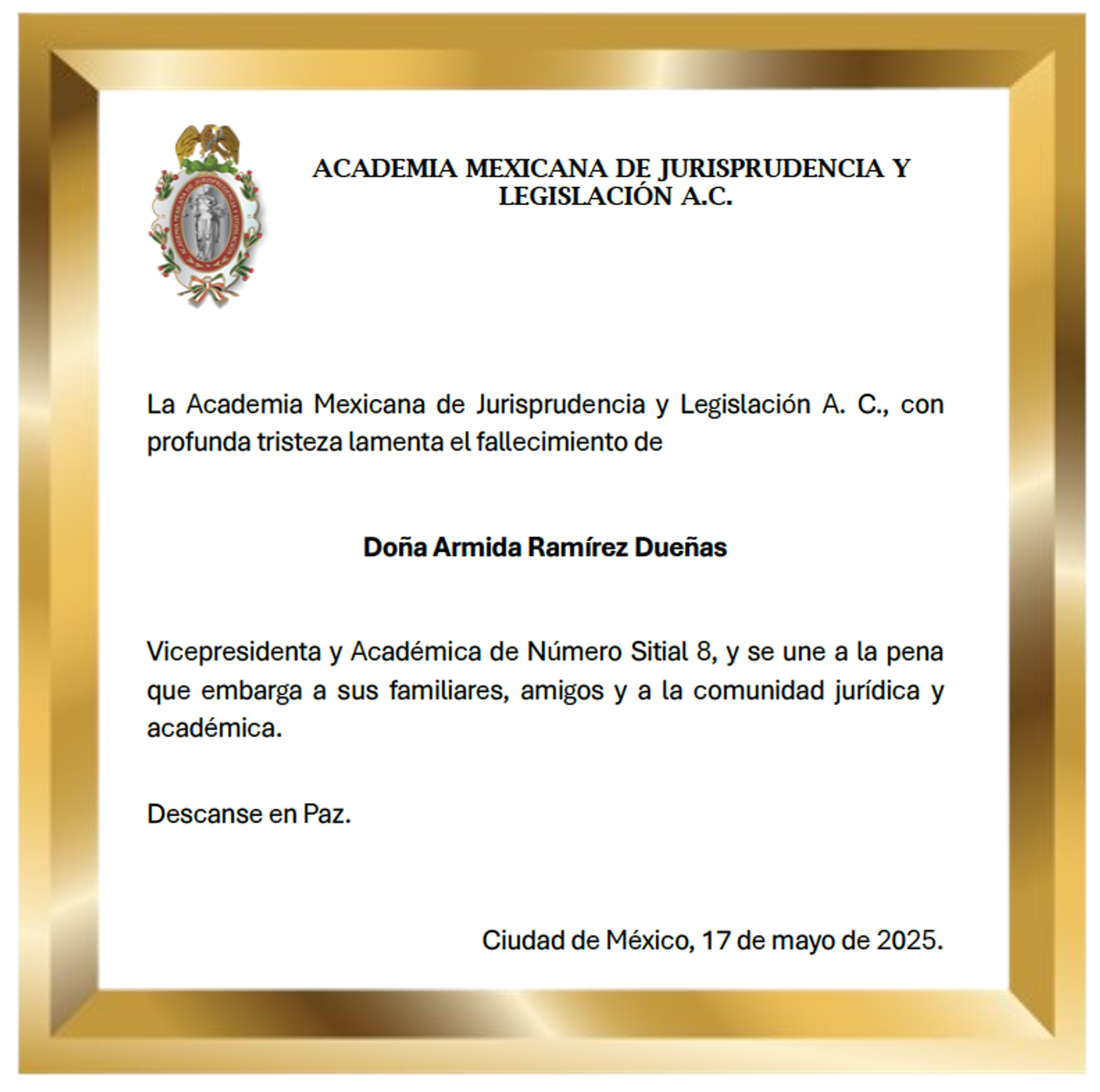 Esquela Vicepresidenta Armida Ramirez Duenas